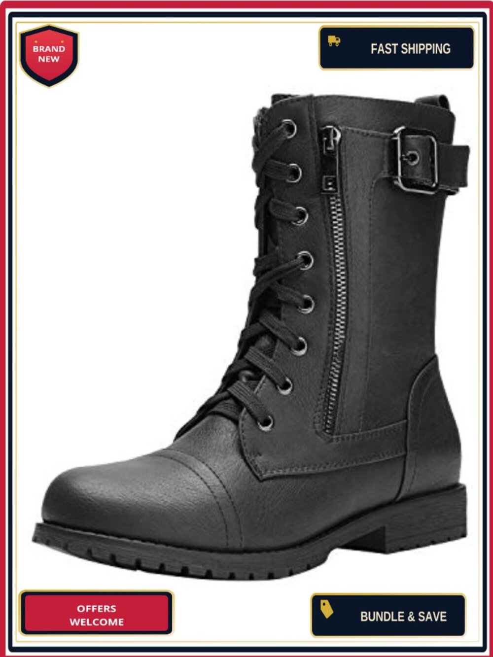 Women's Mid-Calf Combat Boots with Side Zipper and Lug Sole